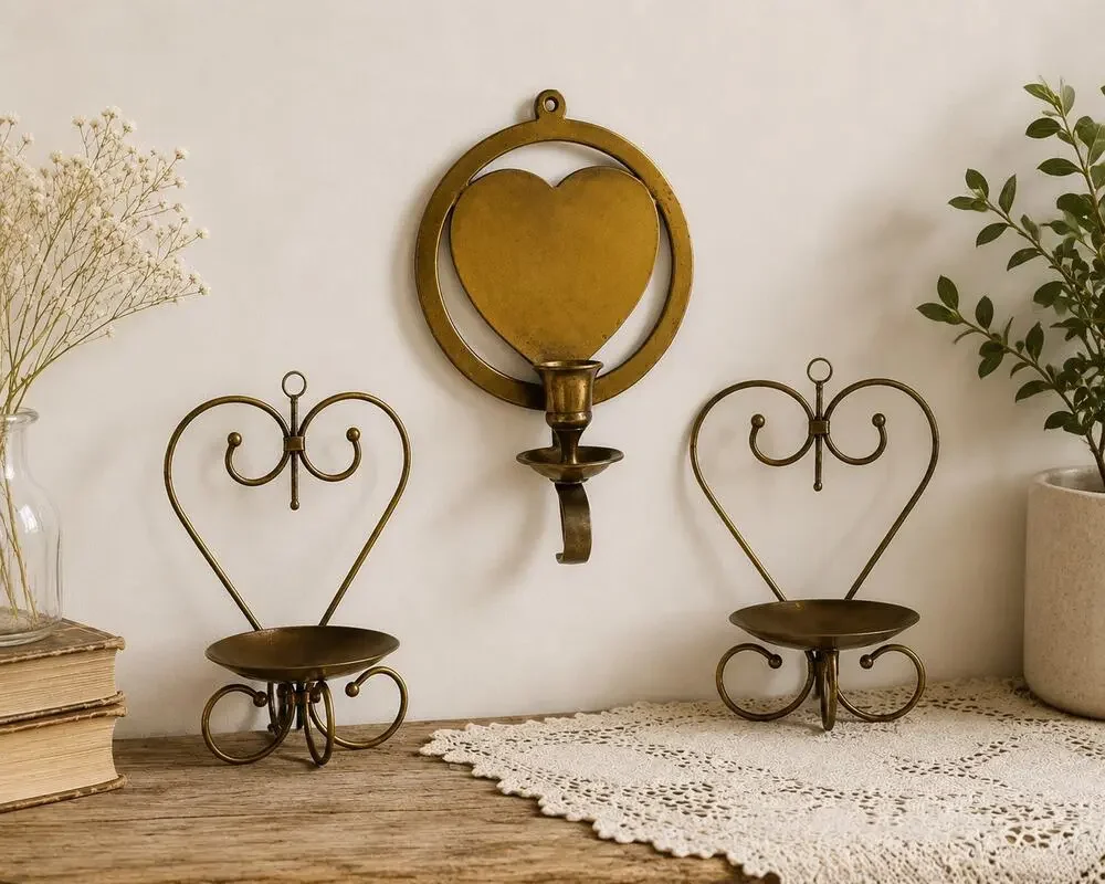 Styled Vintage Brass Heart Collection | Wall Sconce & Pair of Heart Taper Holder